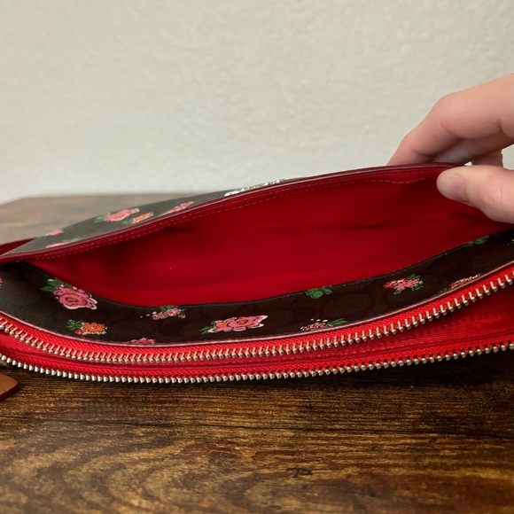 Coach Signature Canvas Leather Crossbody East West Pop Brown Floral Red Pink - Picture 7 of 9